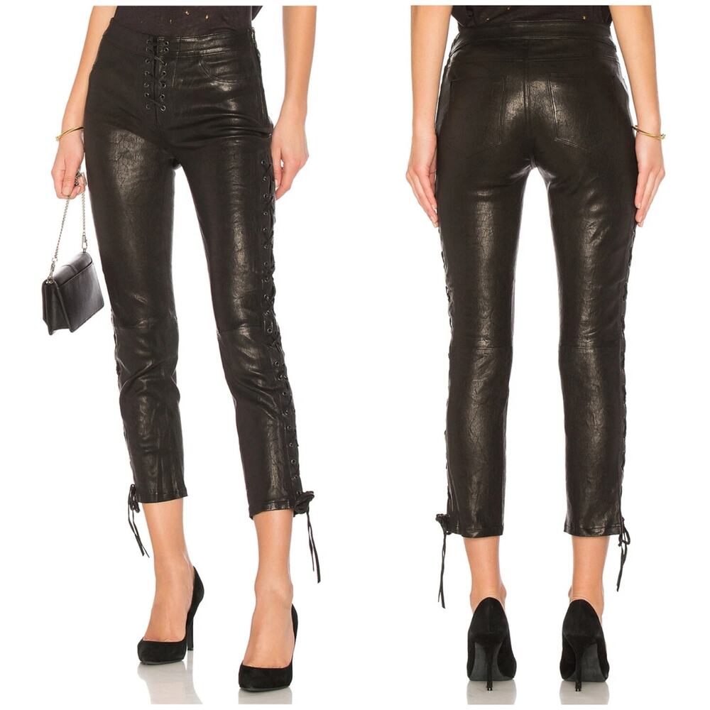 FRAME Lace-Up Cropped Leather Pants Size 23 Rocker Y2K Rocker